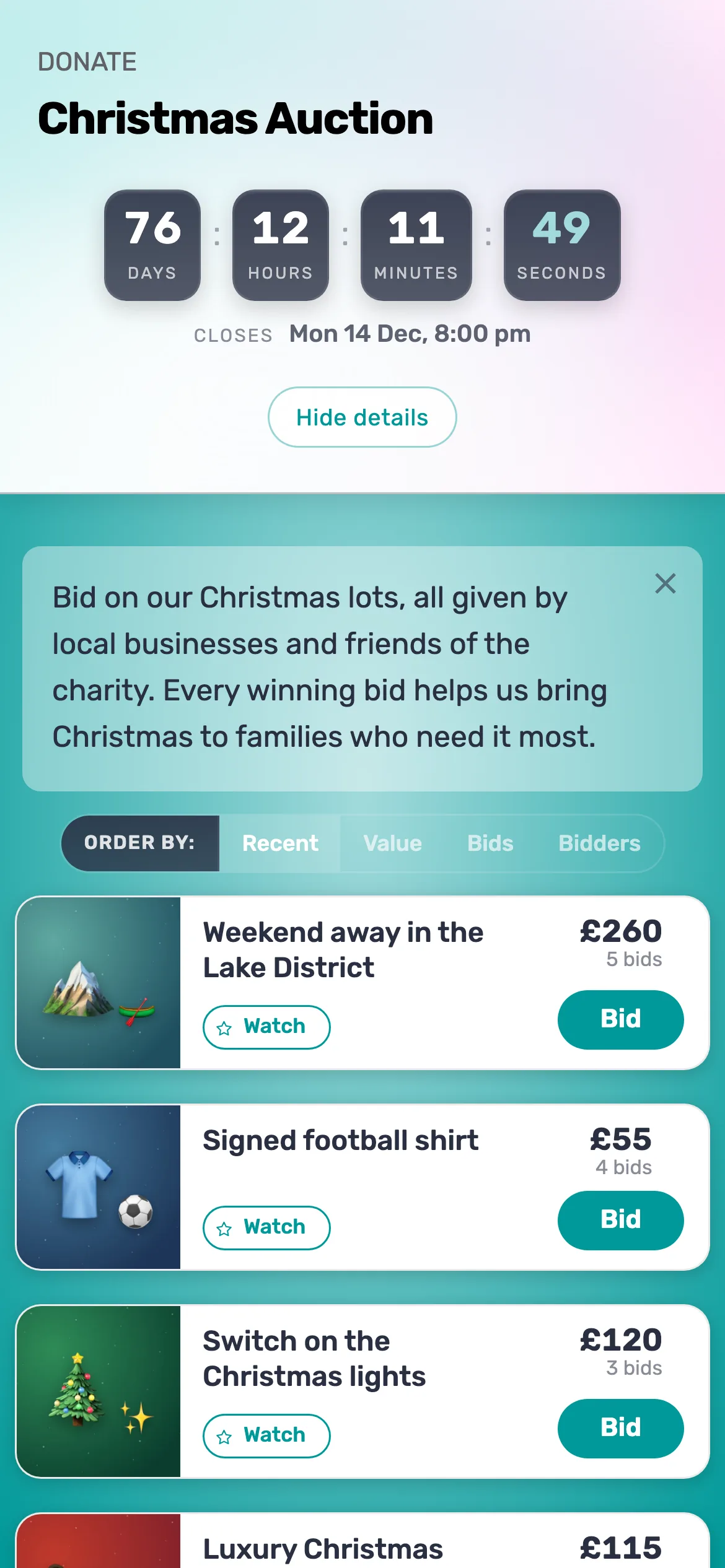 Your auction page: The countdown to closing, a description of the auction, and every lot with its highest bid.