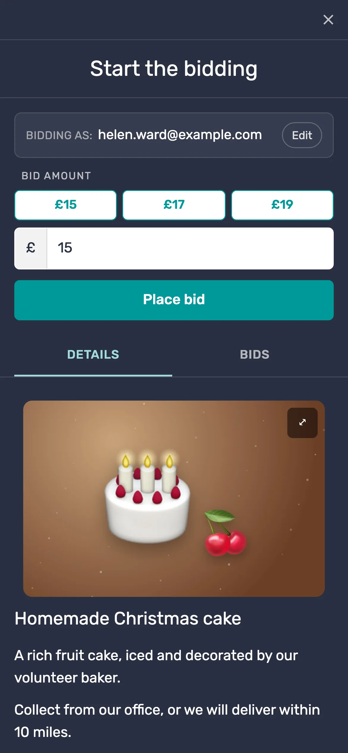 Pick an amount and bid: The page asks for at least the next bid, and offers three amounts as buttons.