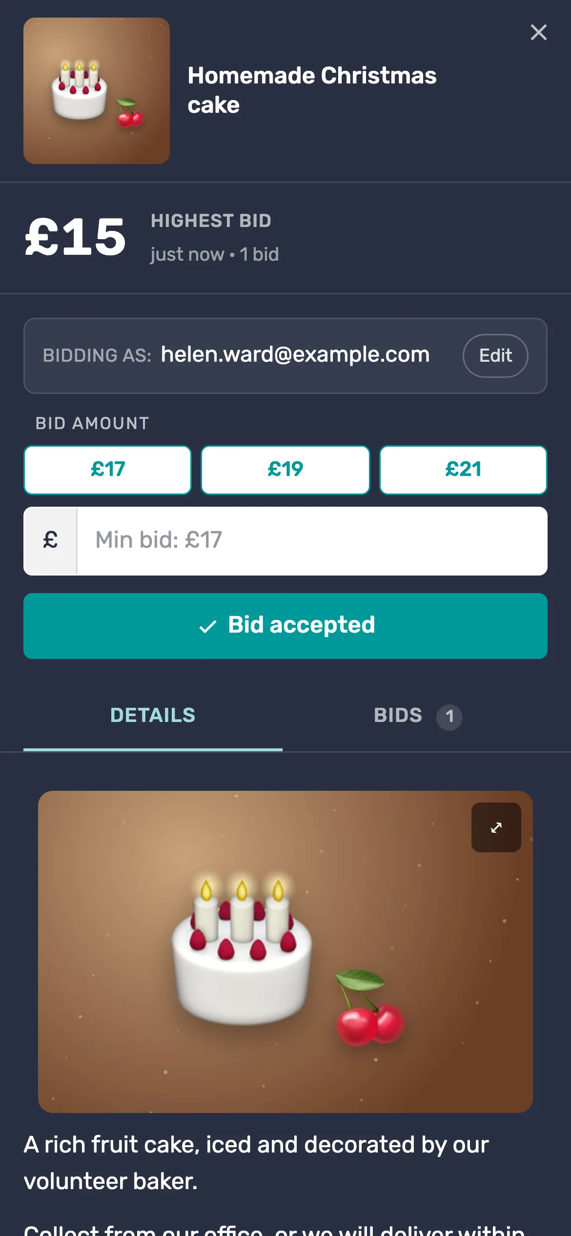 Bid accepted straight away: An accepted bid shows at once as the new highest bid, and the page offers the next amounts.