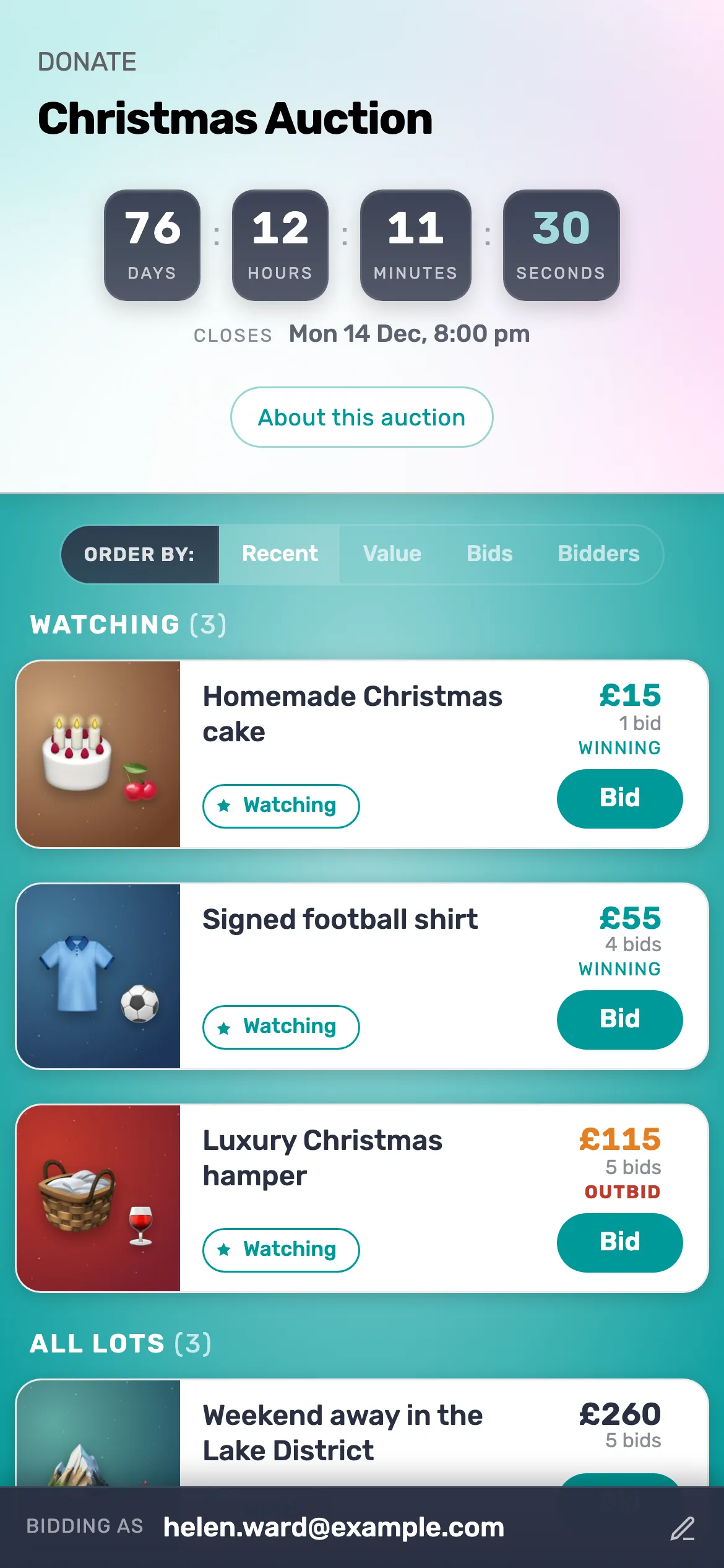 Winning or outbid, at a glance: Lots someone has bid on or chosen to watch sit at the top, marked Winning or Outbid.