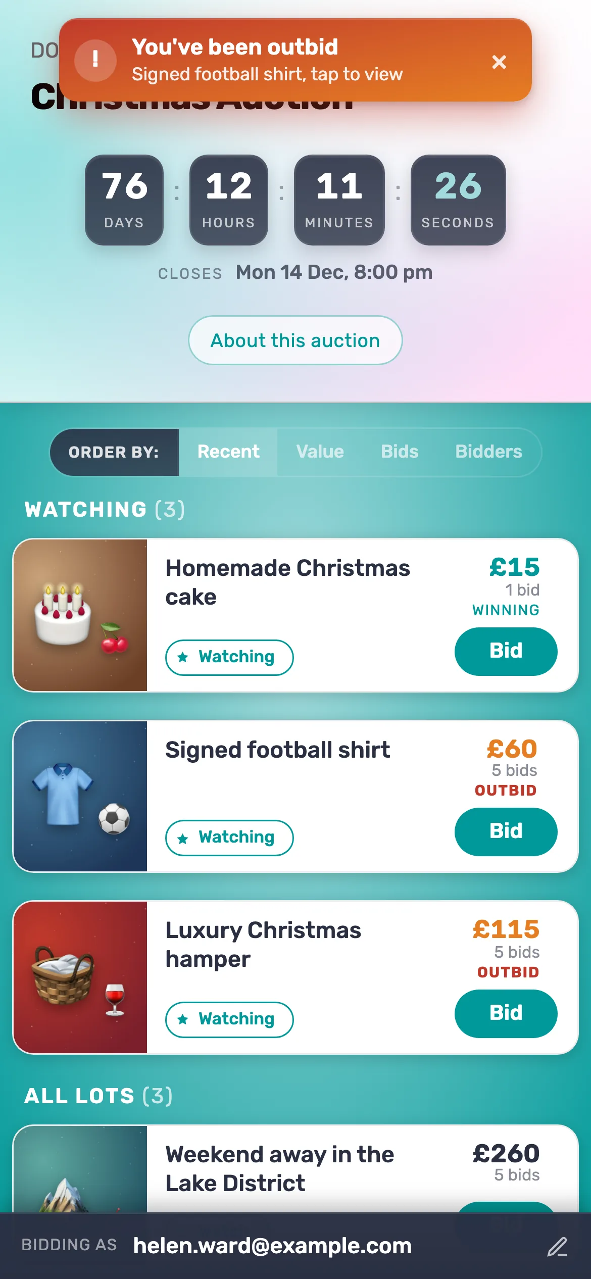 Outbid alerts, on screen too: When someone bids higher, the bidder who was winning gets an email or a text, and a banner if the page is open on their phone.
