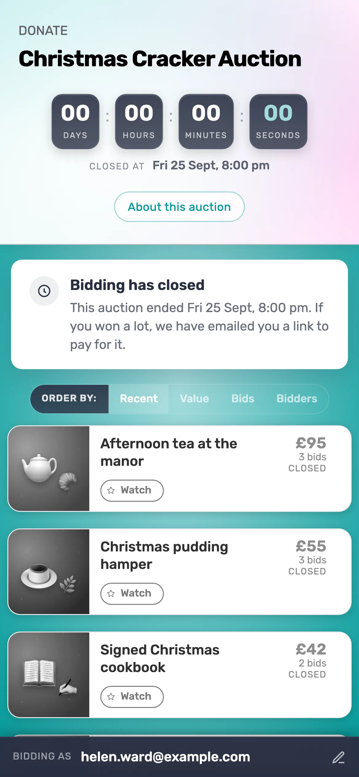 Bidding has closed: After the close, the auction page says Bidding has closed and shows each lot's final highest bid.