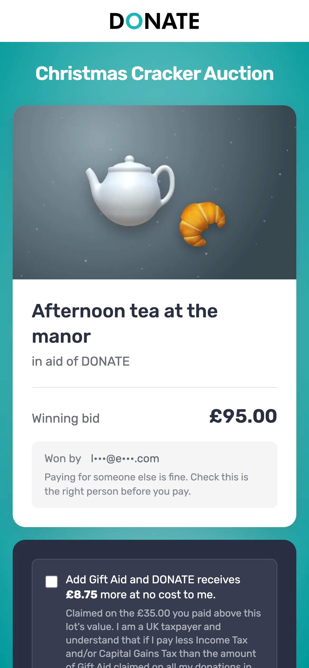 The winner's payment page: The winner pays the winning bid by card from their link. No login is needed.