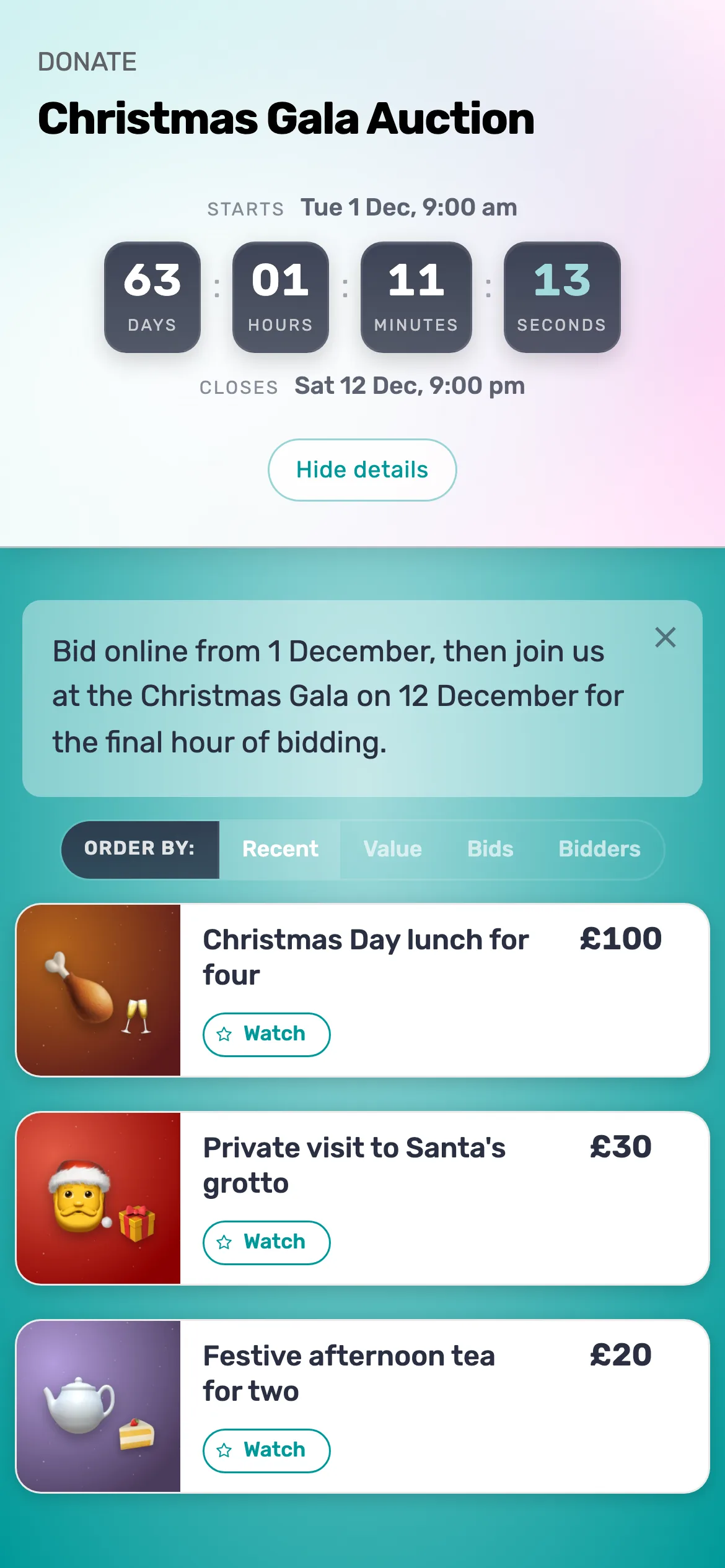 Preview the bidding page: Preview the auction opens the bidding page, with every lot, before it is published.