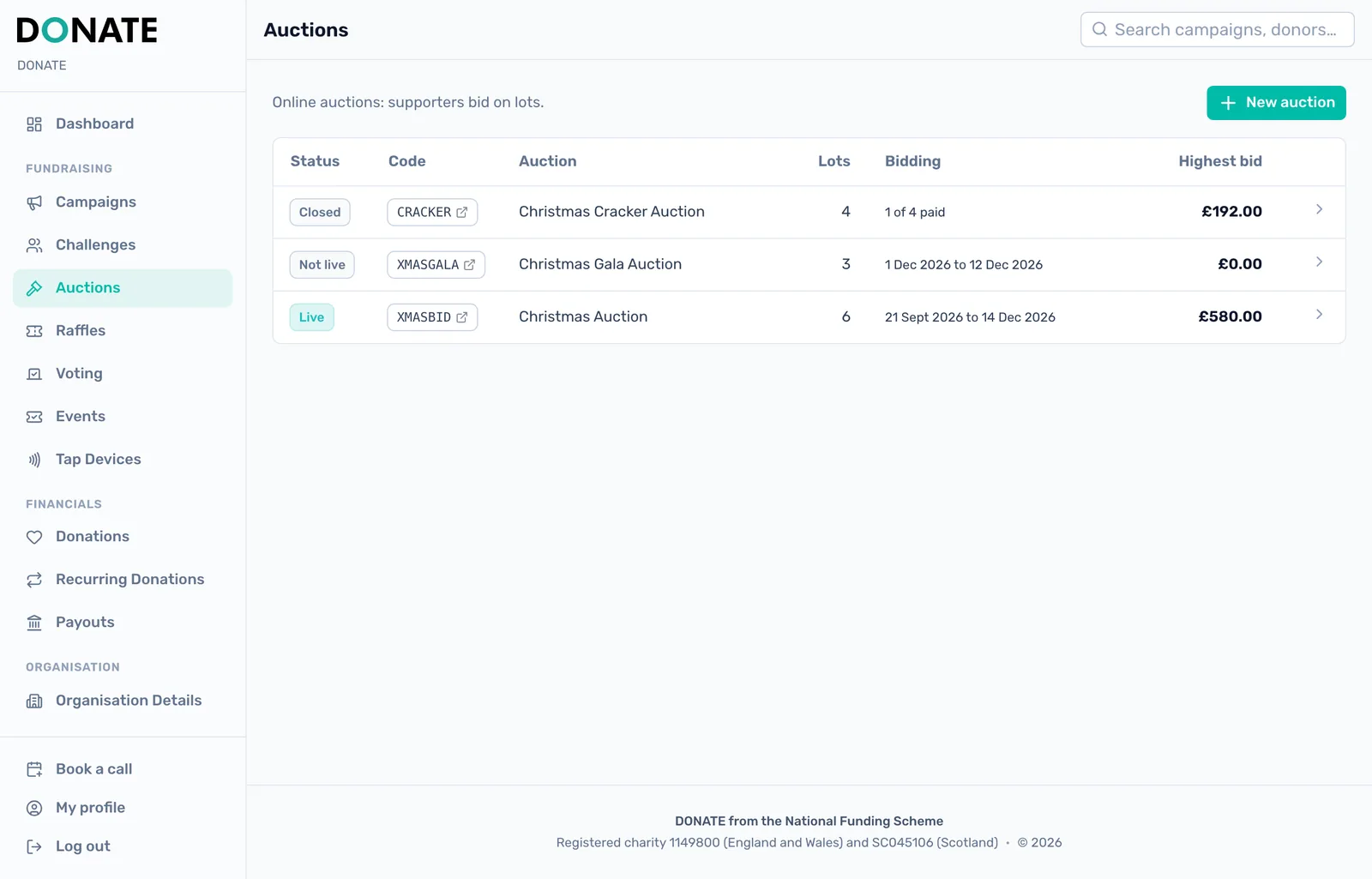 Your auctions in one place: Every auction with its status, code, number of lots, bidding dates and the total of its highest bids.