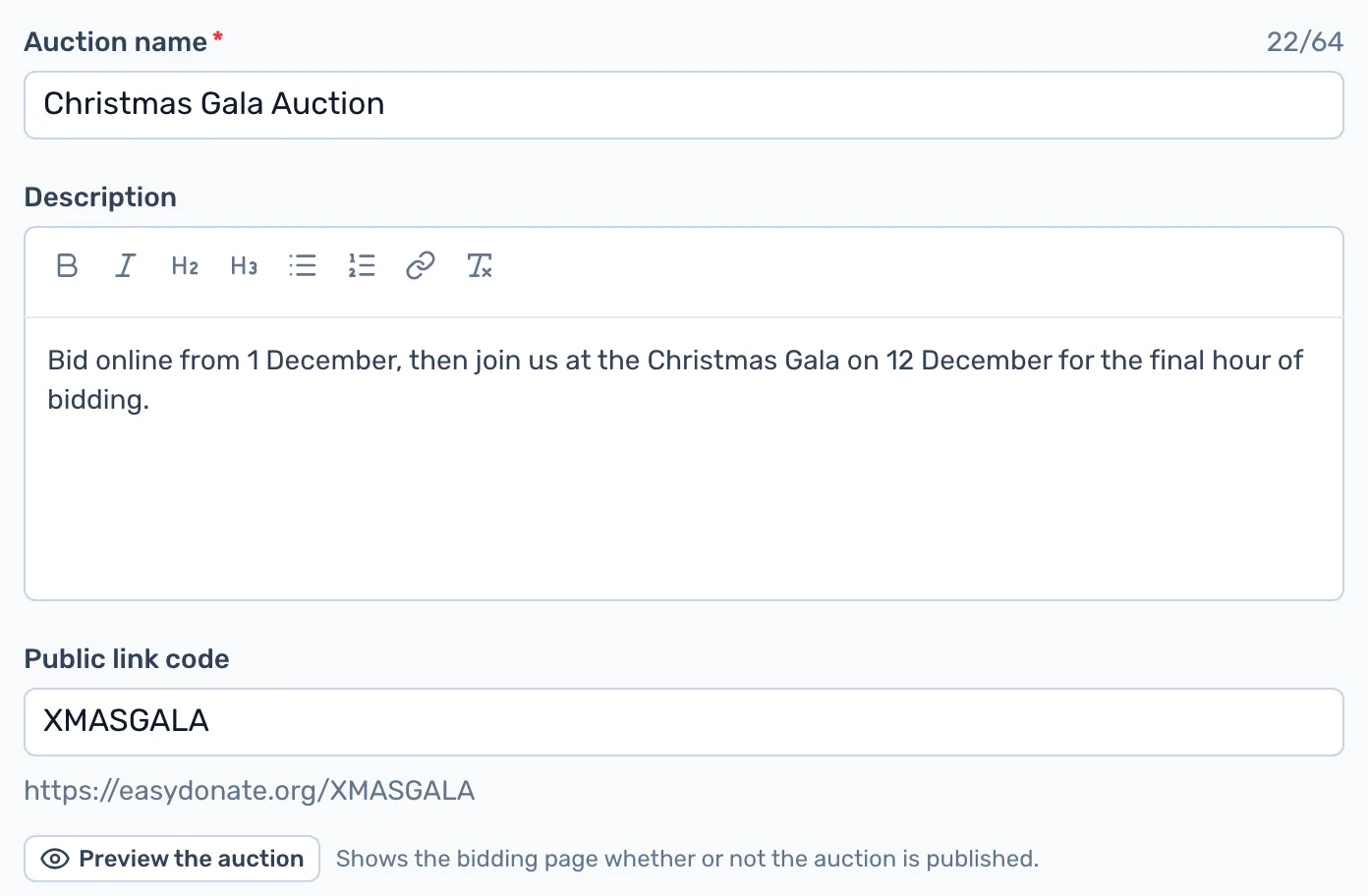 Name and describe it: Give the auction a name and a description, and choose the code for its short link.