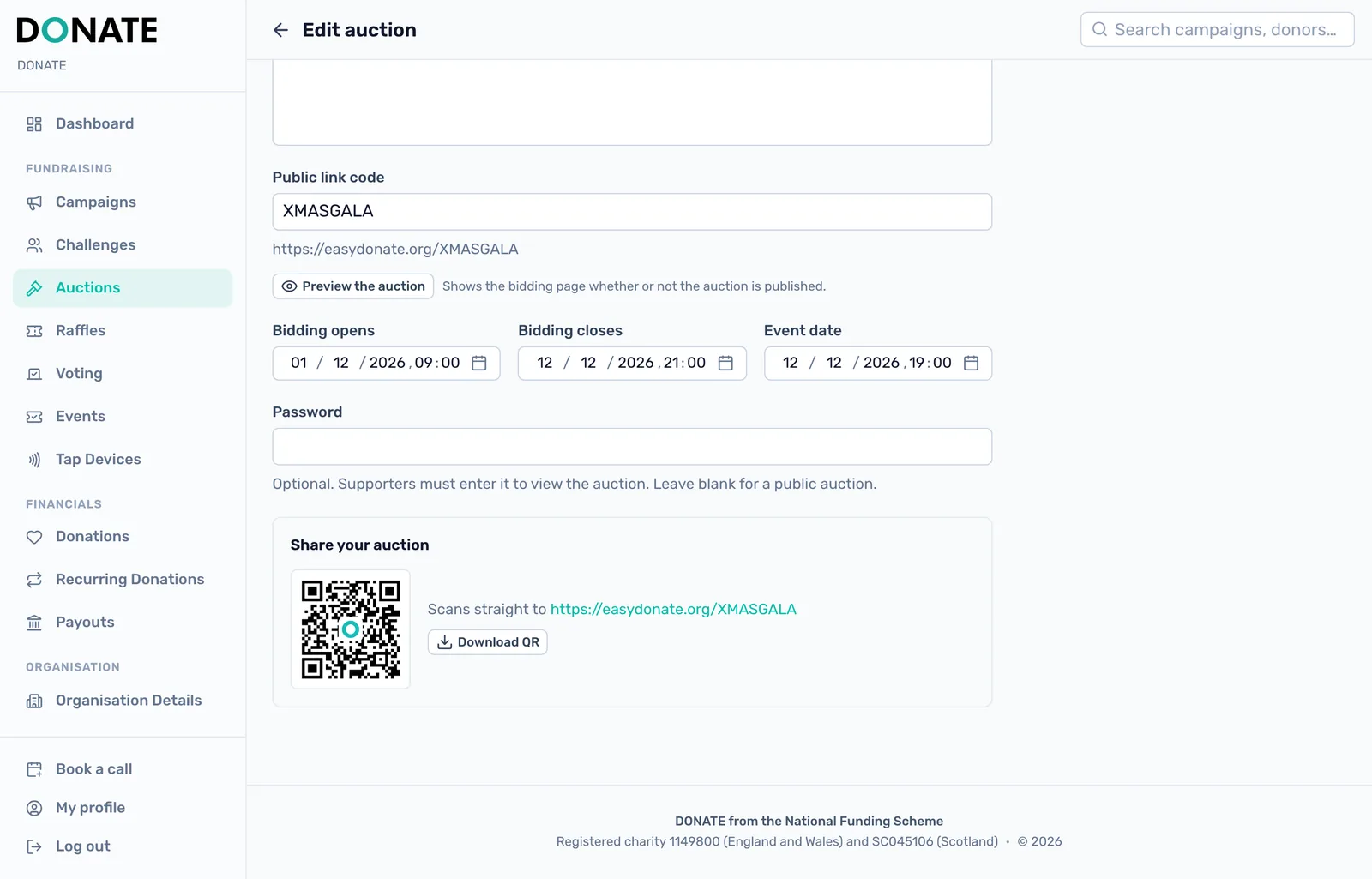 Set the bidding dates: Bidding opens and Bidding closes set when bids are taken. An optional Password means supporters must enter it to view the auction.