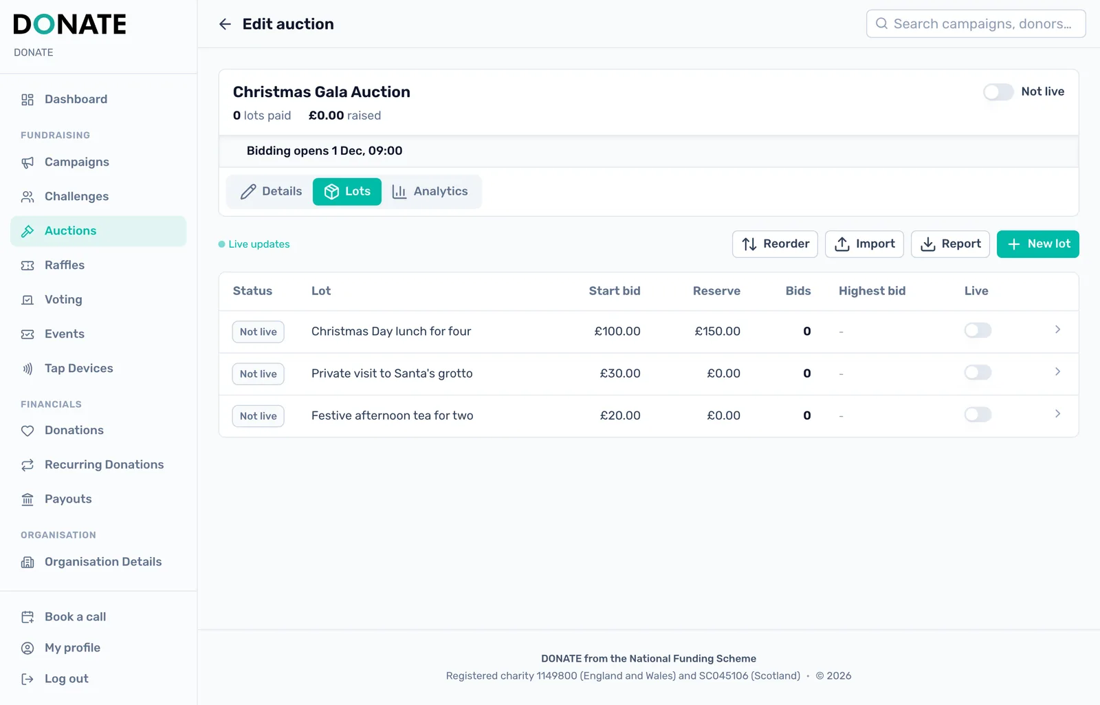 Add your first lot: The Lots tab lists every lot with its starting bid, reserve, bids and highest bid.