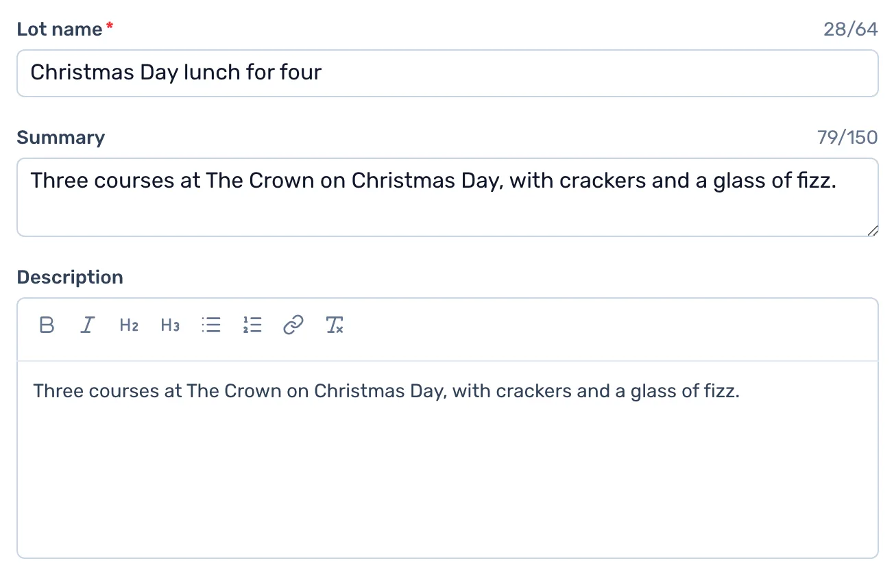 Describe the lot: A name, a one line summary for the list, and a full description.
