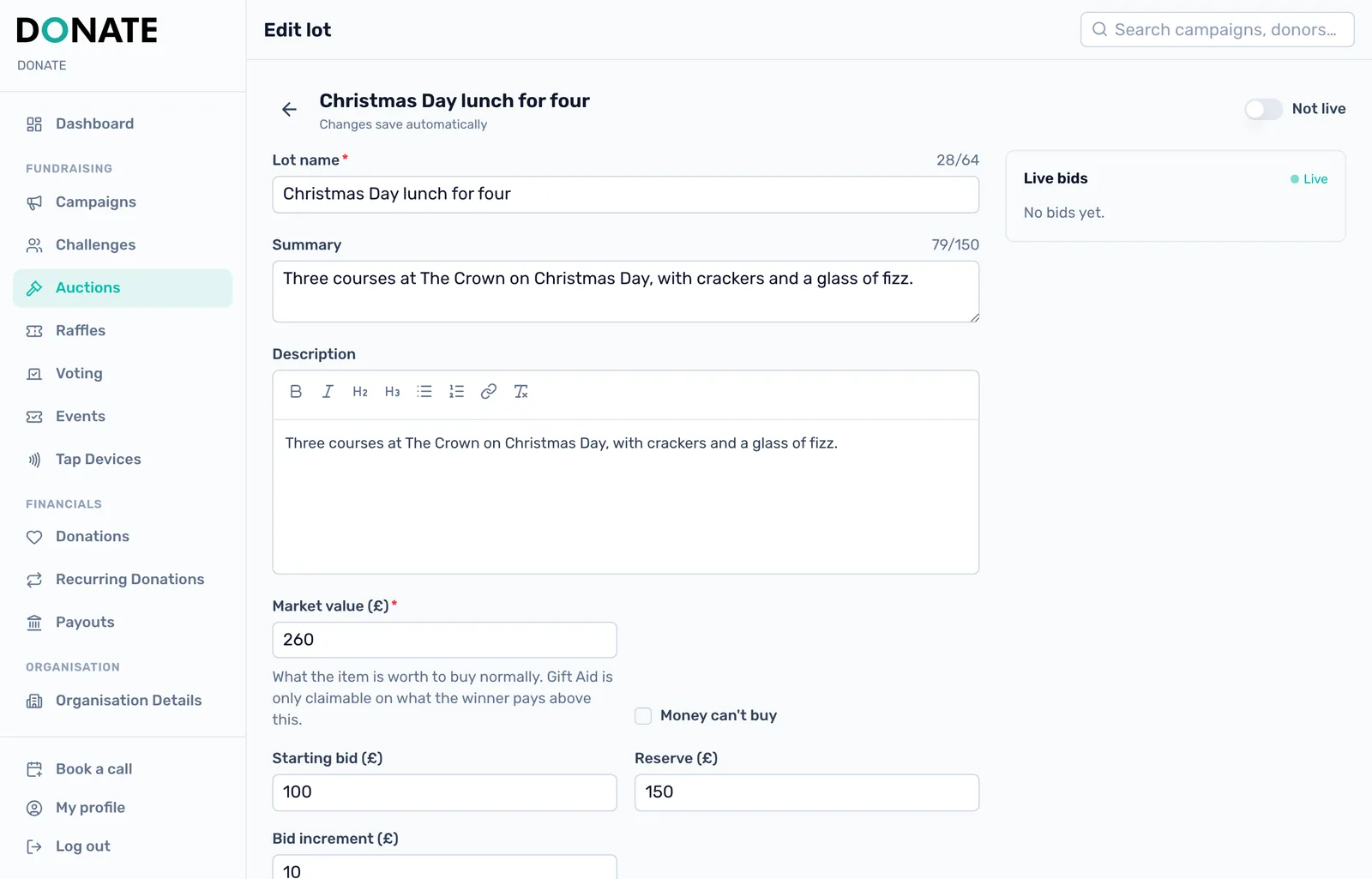 Describe the lot: A lot has a name, a short summary for the list, and a full description.