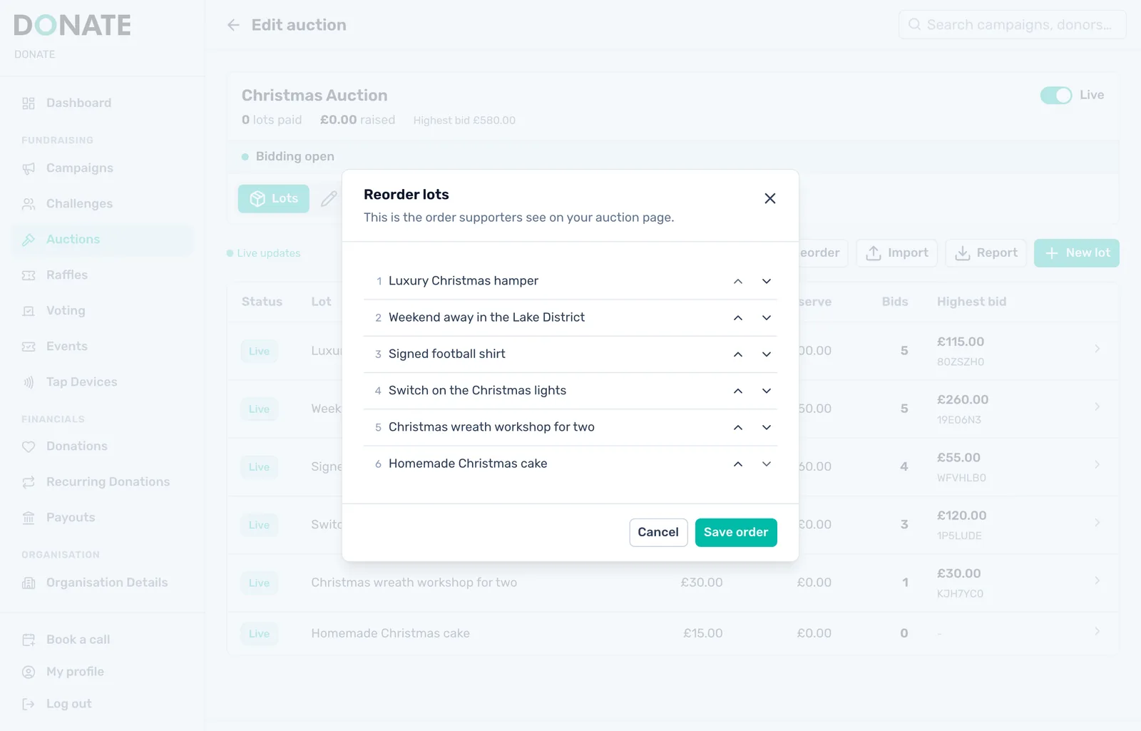 Put lots in order: Reorder sets the order of your lots on the auction page. Once lots have bids, the page shows the most recently bid on lots first.