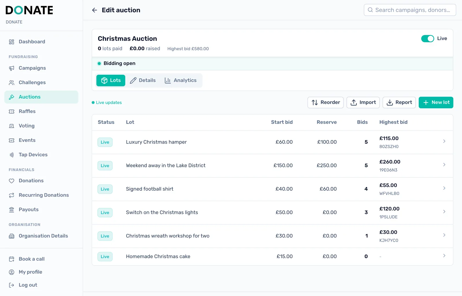 Watch bids arrive: While bidding is open, the Lots tab shows each lot's bids and highest bid as they come in.
