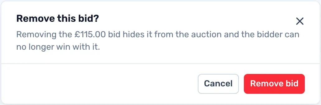Remove a hoax bid: Open the lot and remove a bid you do not trust. It disappears from the auction and cannot win.