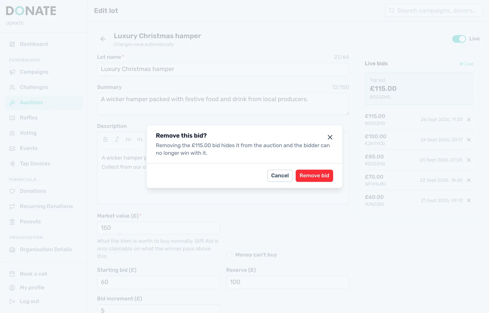 Remove a hoax bid: Remove a bid you do not trust. It disappears from the auction and cannot win. If bidding has closed, within a minute the next highest bidder is sent a payment link, if their bid meets the reserve.