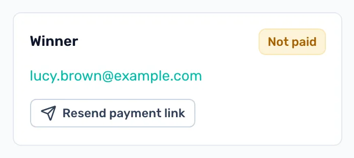 Chase an unpaid winner: A lot's page shows the winner and whether they have paid, with Resend payment link.