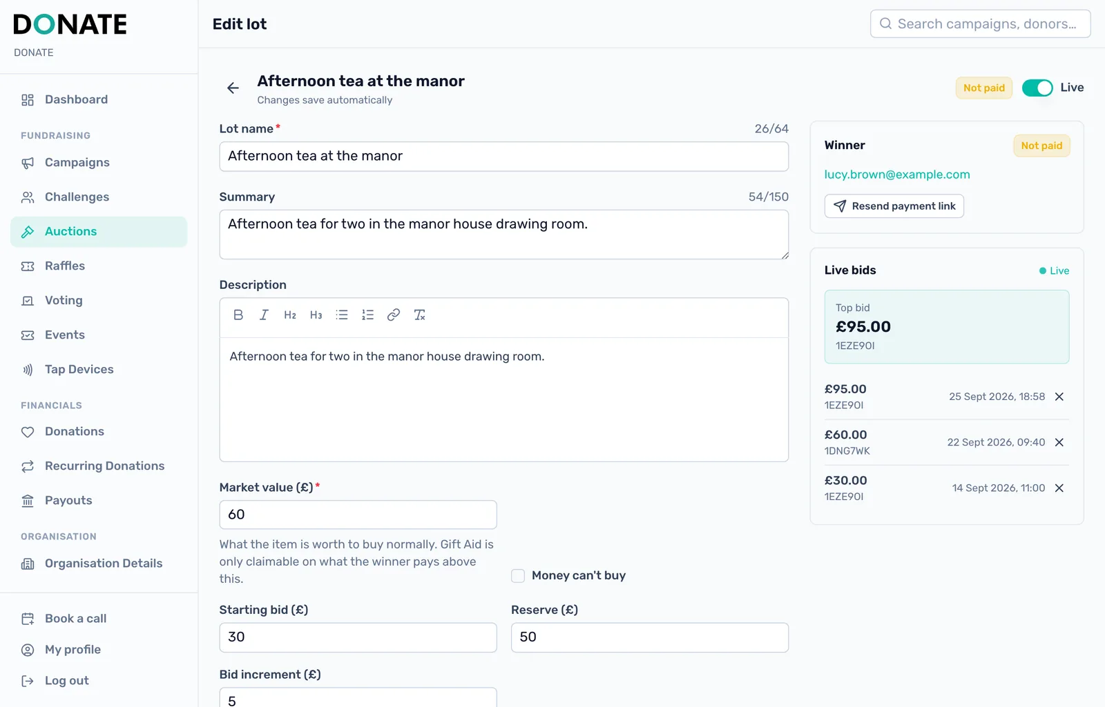 Chase an unpaid winner: A lot's page shows the winner and whether they have paid. Resend payment link sends the same link again. Winners who bid with a mobile number get a text, not an email.
