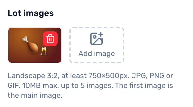 Add the pictures: Up to five pictures. The first is the one bidders see in the list.