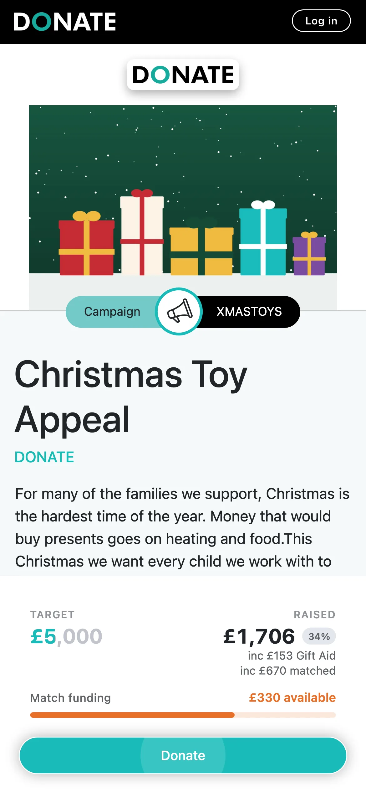 Your donation page: Donors see your images, story and target, with a progress bar that counts donations, Gift Aid, offline donations and match funding.