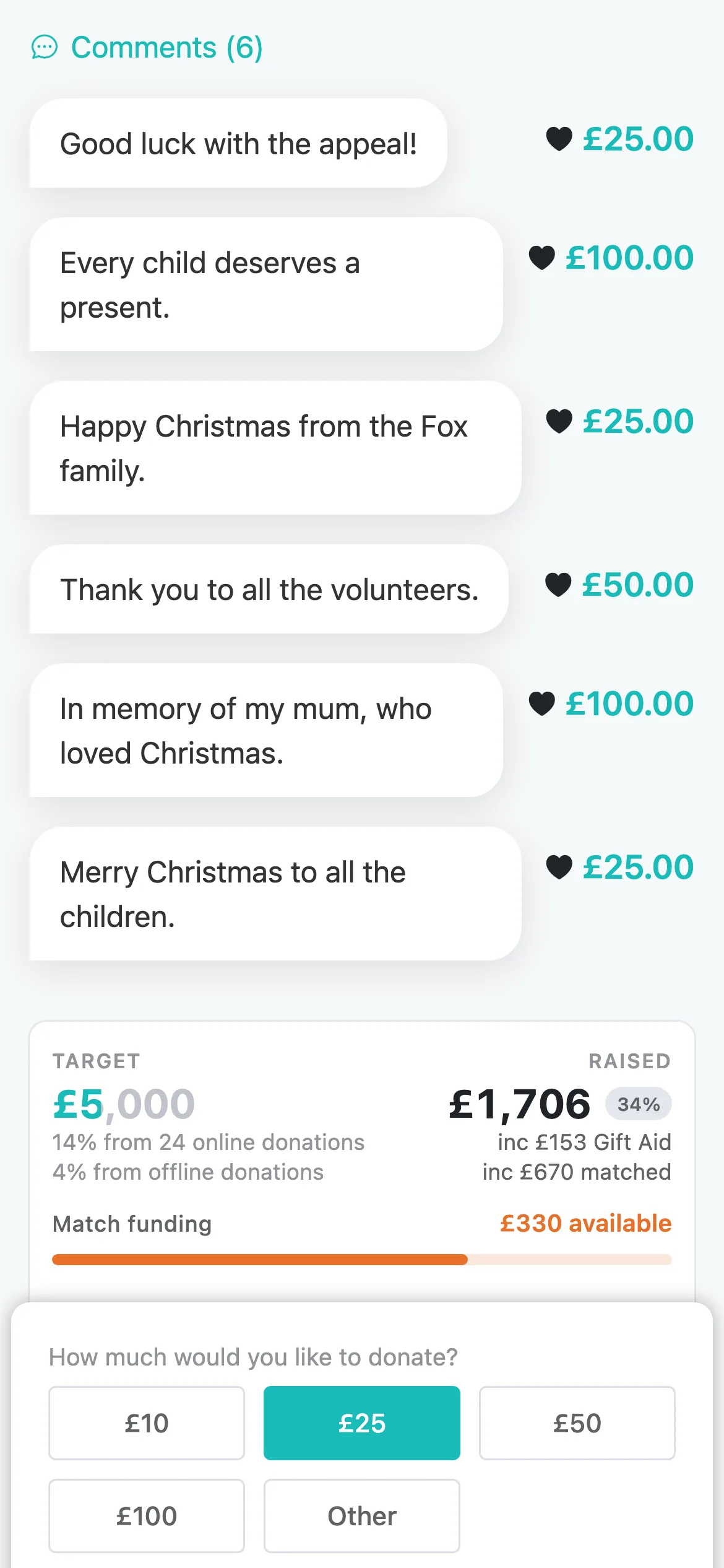 Messages from donors: Donors can leave a message after giving. With Display donor comments on, messages show on your page with the amount given.