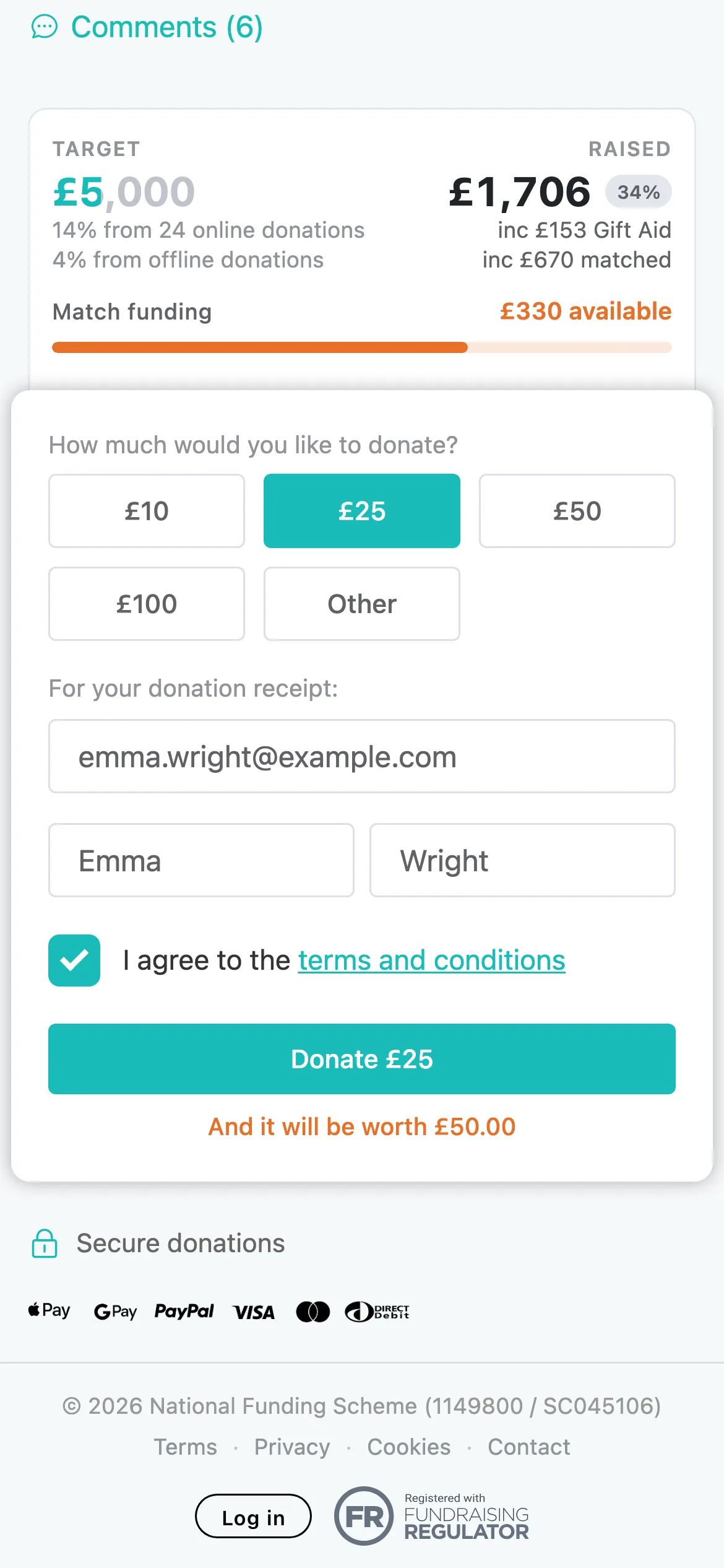 Choose an amount: Donors pick an amount or Other, enter their email and name, and accept the terms. Match funding shows what their gift is worth.