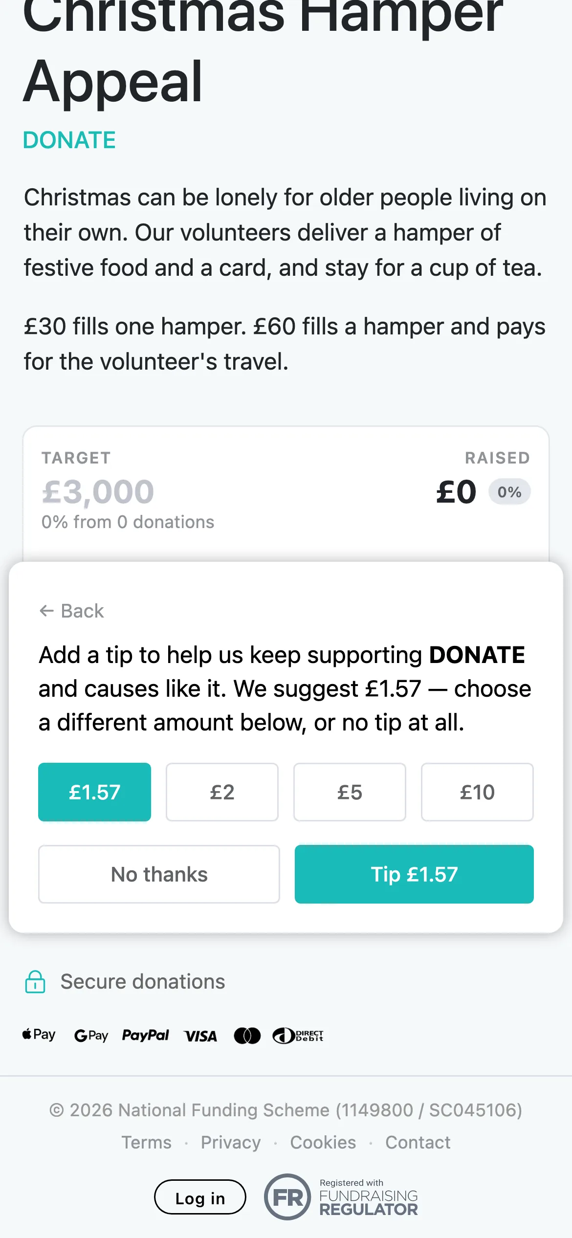 An optional tip for DONATE: Donors can add a tip for DONATE or choose No thanks. When the tip covers the fee, no fee is taken from the donation. Only a few pence of VAT and your payout charges still apply.