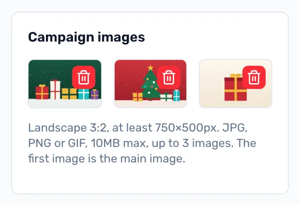 Add up to three images: Landscape images, up to three. The first is the main image.