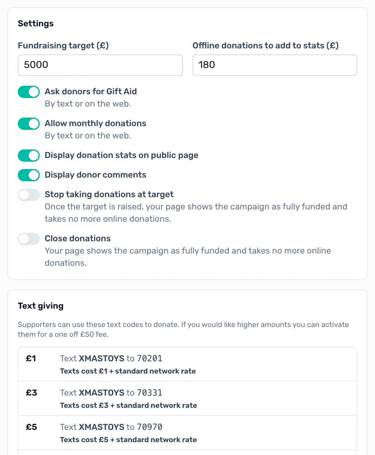 Gift Aid, monthly and texts: The Settings card, with the target and every switch, and the text codes for each amount under Text giving.
