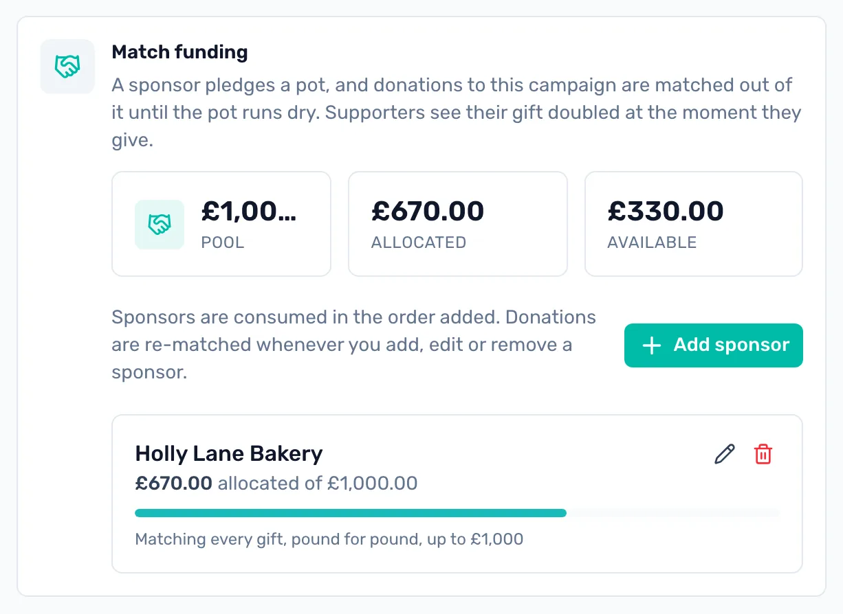 Add a match funding sponsor: The pool, what has been allocated and what is still available, with each sponsor below.
