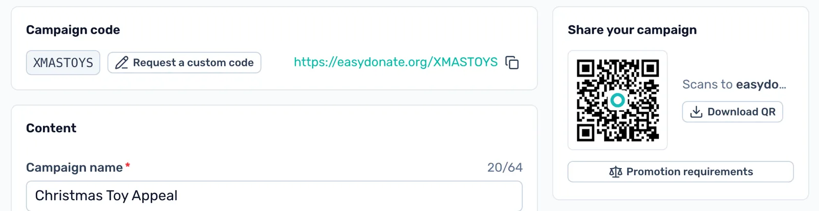 Share your link and QR: Copy your link, easydonate.org and your code, or download the QR code for posters and cards.