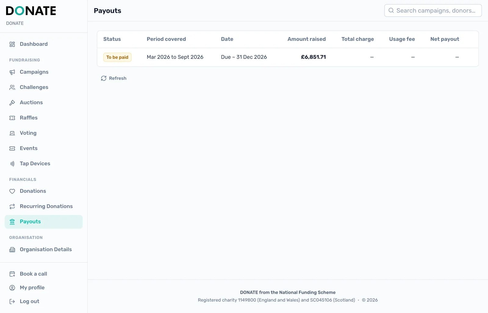 When you get paid: The Payouts page shows each period still to be paid with its due date. Once a payout is made, its charges, usage fee and net payout fill in, with a statement to download.