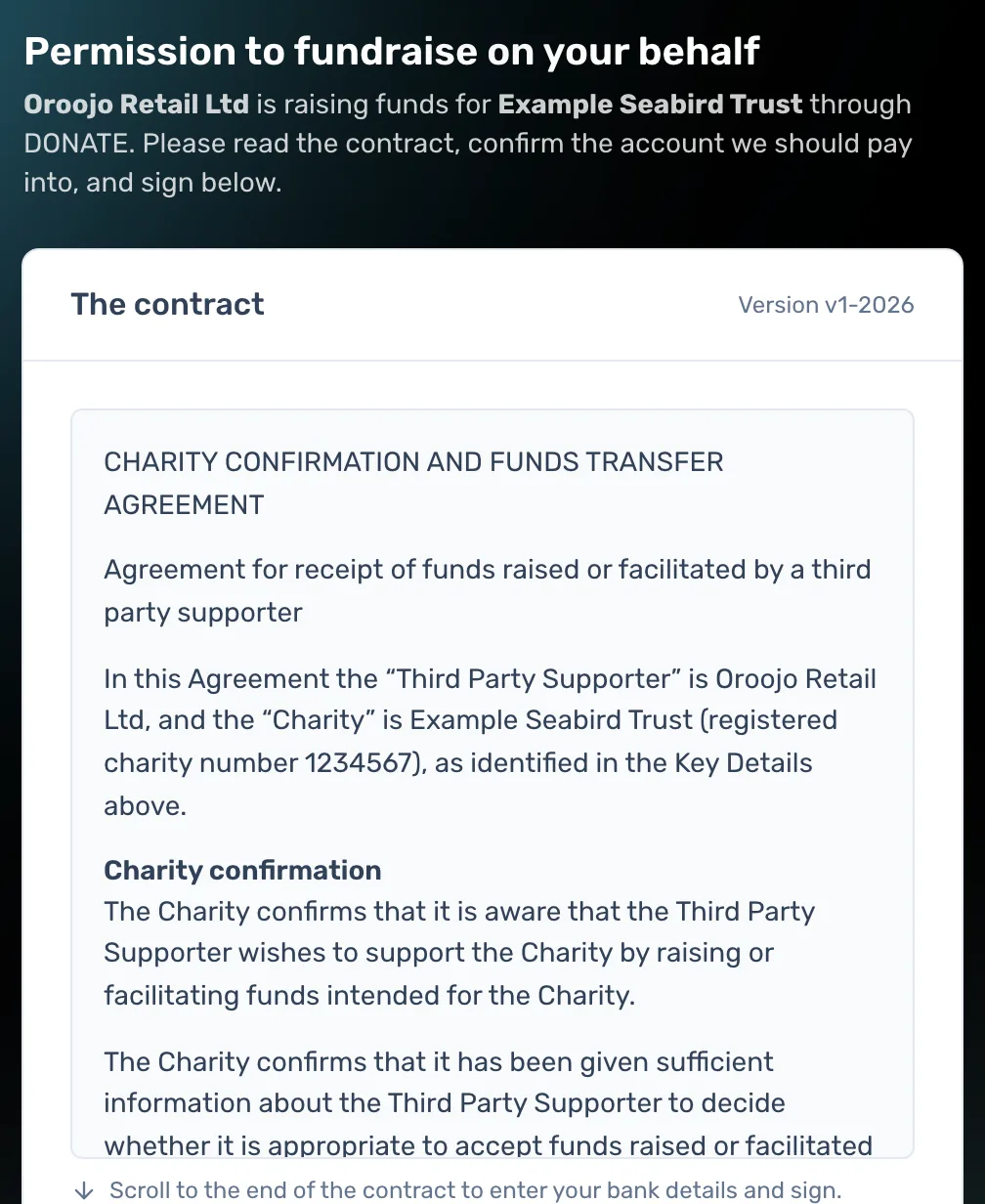 The charity reads the contract: The page names your company and the charity. The bank and signature fields open once the contract is read to the end.