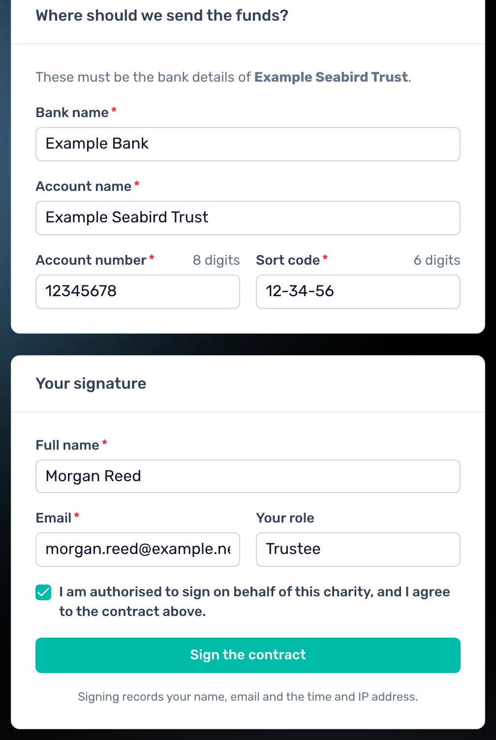 Bank account and signature: The charity gives the bank account its funds are paid to, then signs with a name, email and role.