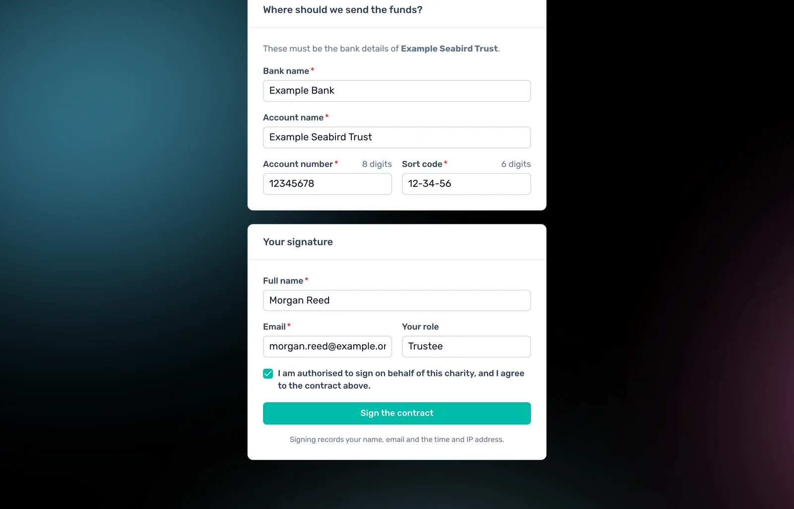 Bank account and signature: The charity enters the bank account its funds are paid to, then the signer's name, email and role. It ticks the box to say it is authorised, and clicks Sign the contract.