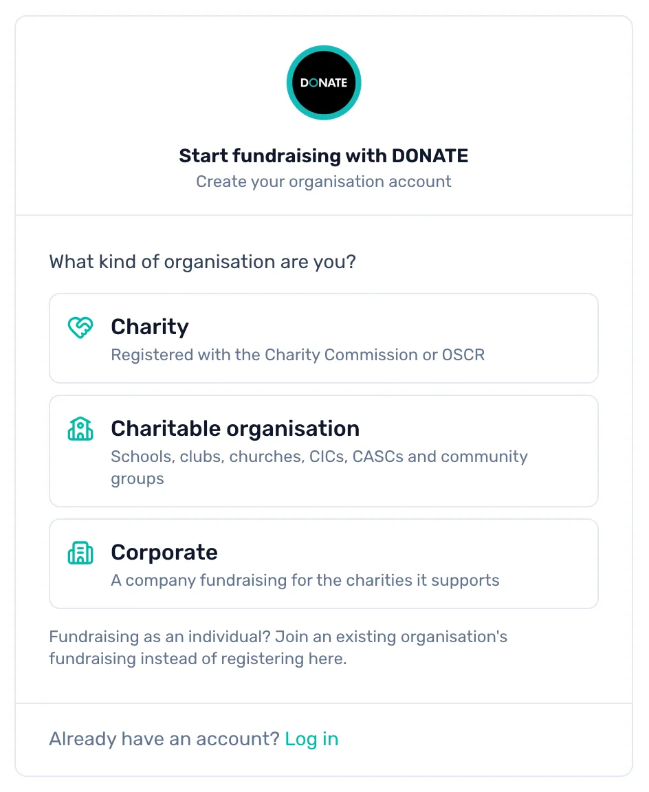 Choose Corporate to start: On the sign-up page, choose Corporate, a company fundraising for the charities it supports.