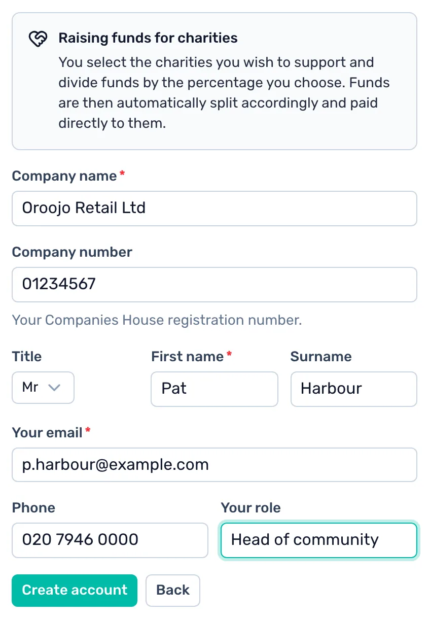 Your company and your details: Type the company name and Companies House number, then your name, email, phone and role, and click Create account.