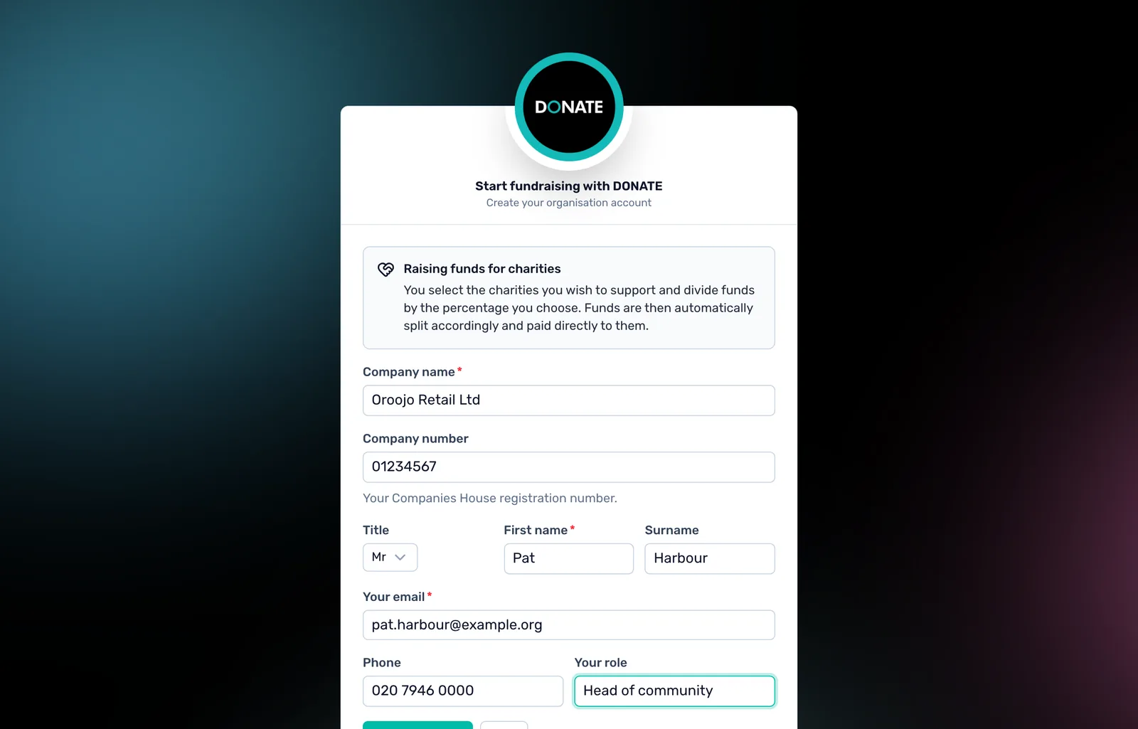 Enter company and personal details: Type your company name and Companies House number, then your own name, email, phone and role. Click Create account.