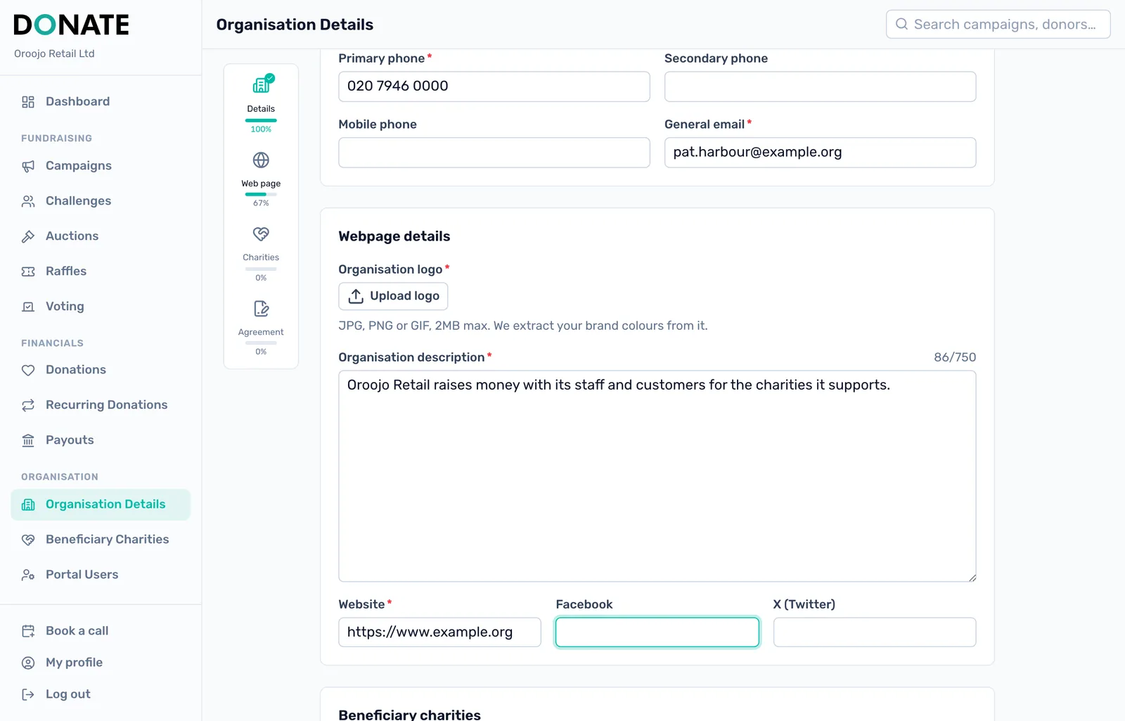 Your company details: Fill in where you operate, your income band, your address and region, and a phone number and general email.