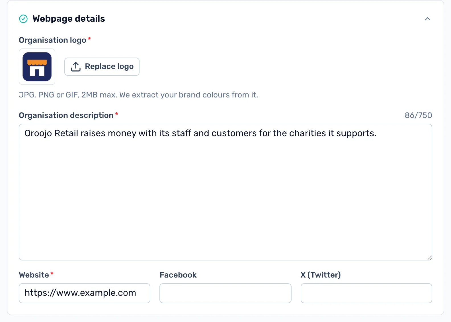 Your logo and description: Upload your logo, describe your company and give your website. All three are needed, and they appear on your company's DONATE page.