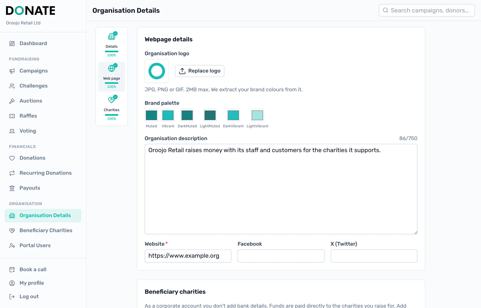 Your logo and description: Upload your logo, write a short description and give your website. These appear on your company's DONATE page, and your brand colours are taken from the logo.