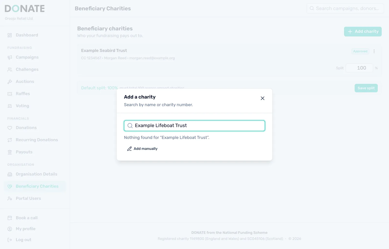 Search for the charity: Search by name or charity number. If the charity is not listed, click Add manually.