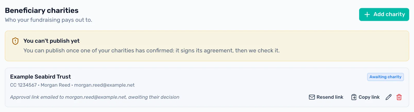 The charity is Awaiting charity: Until it signs, the charity shows Awaiting charity, with Resend link and Copy link.
