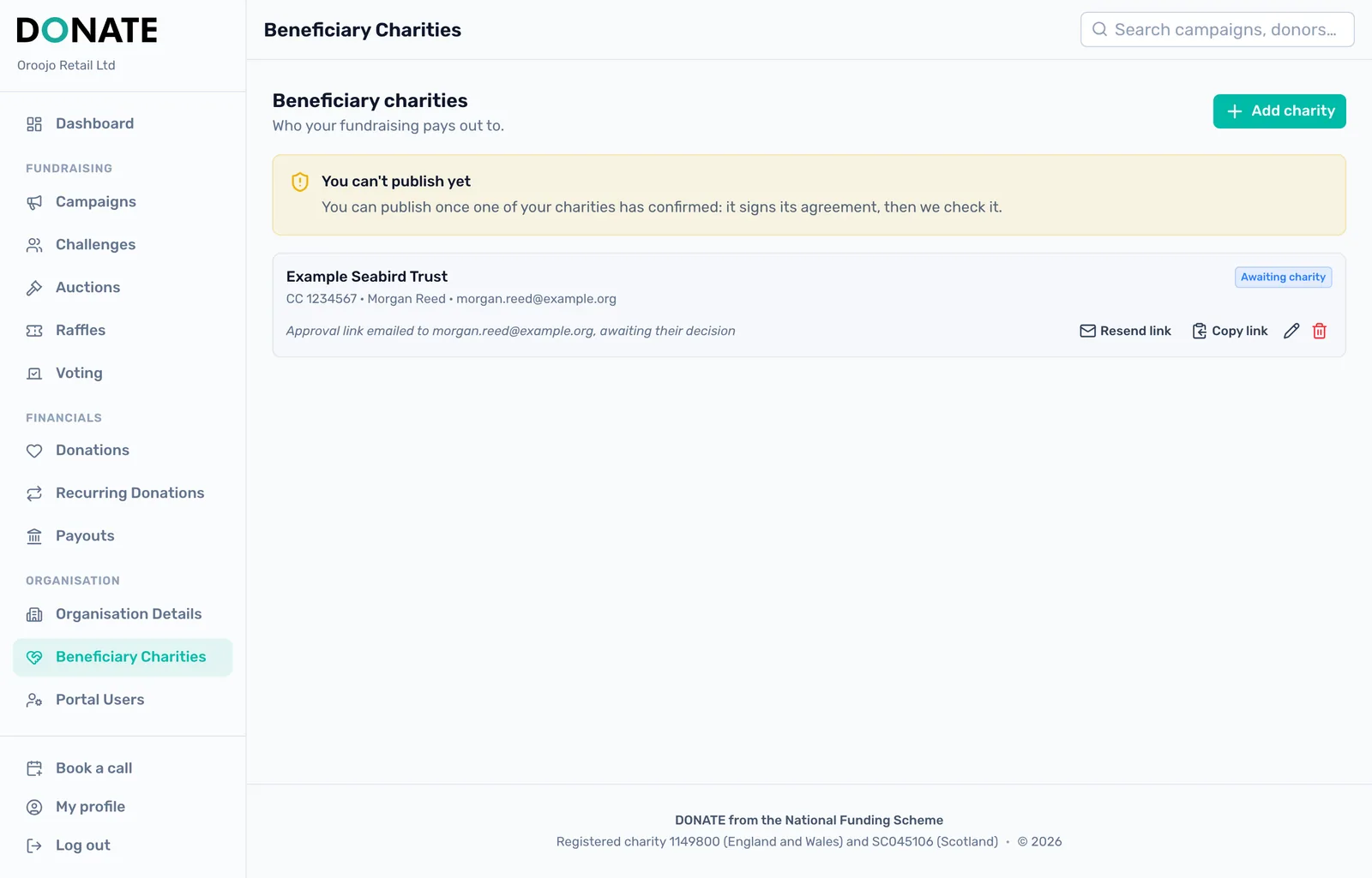 The charity shows Awaiting charity: The charity shows as Awaiting charity until it signs. Resend link and Copy link stay available until then.