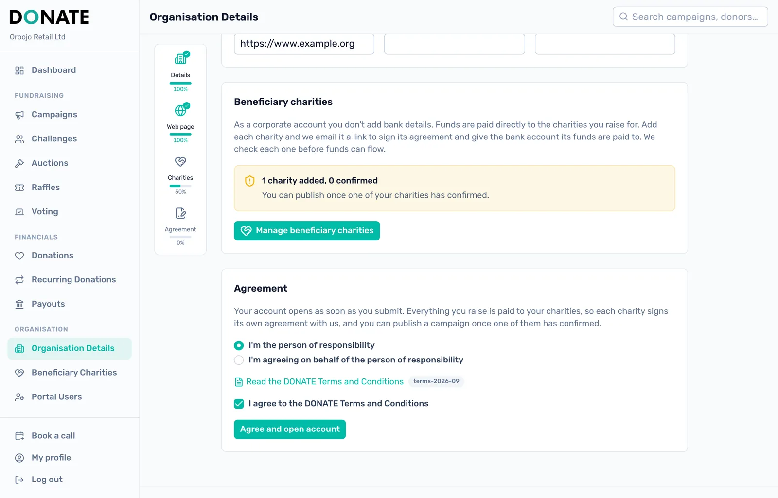Agree and open your account: Tick I agree to the DONATE Terms and Conditions, then click Agree and open account.