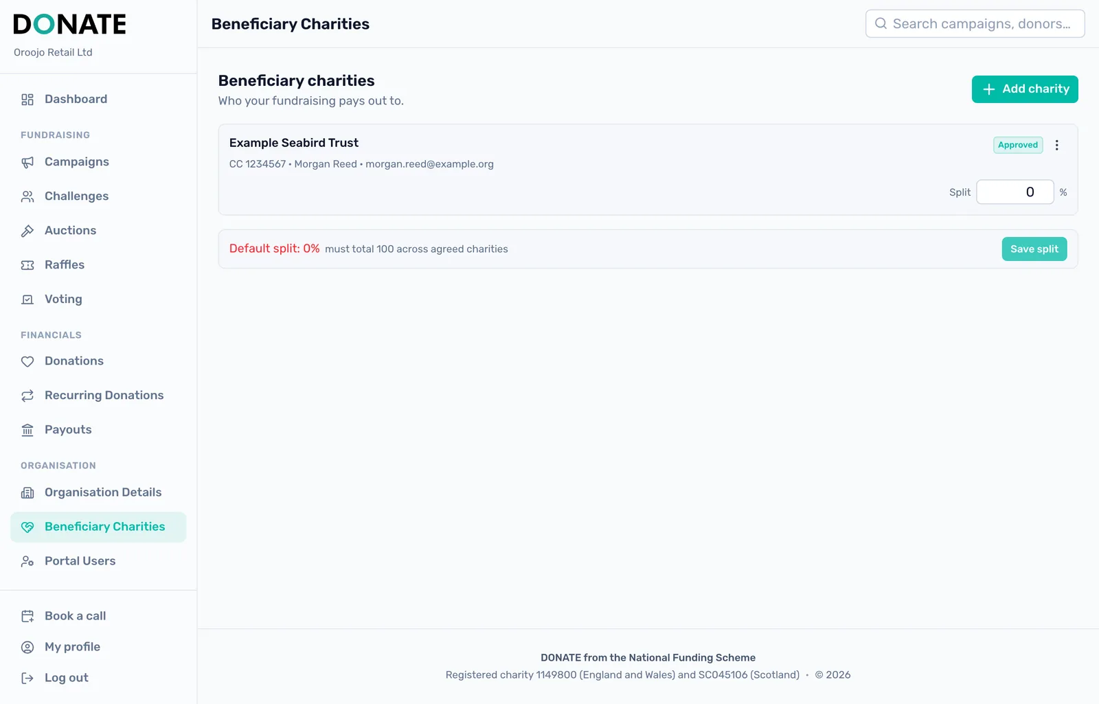The charity is Approved: When we have confirmed the charity, it shows as Approved and a Split box appears beside it.