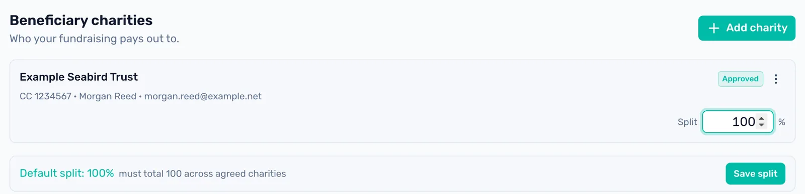 Set your default split: Each Approved charity has a Split box. The shares must total 100. Click Save split.