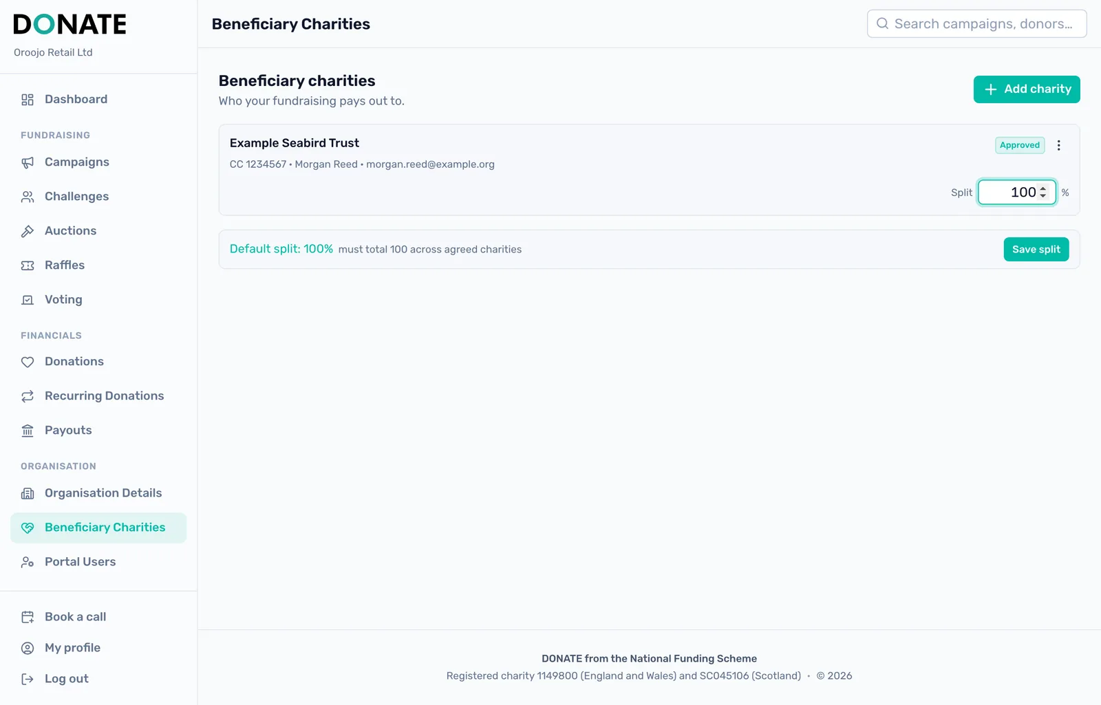 Set your default split: Type each charity's share so they total 100, then click Save split.