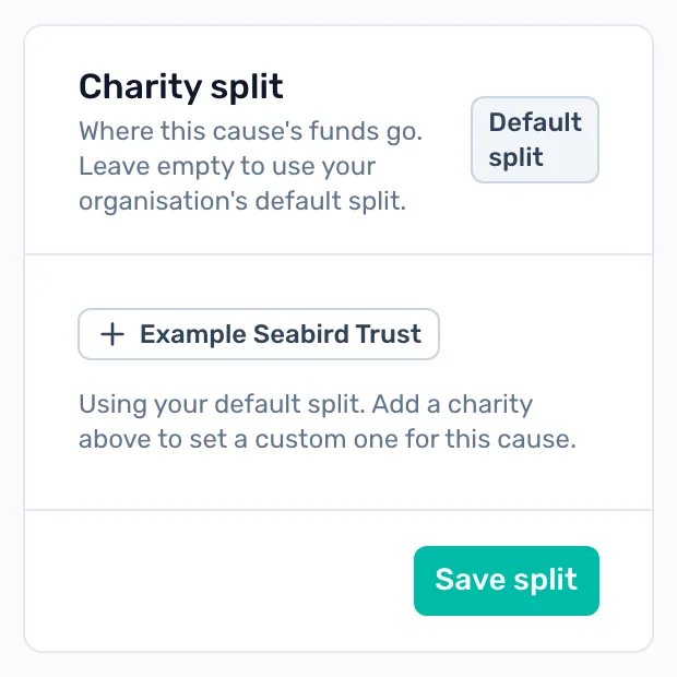 This campaign's charity split: Charity split shows Default split. Add a charity there to give this campaign its own shares, then click Save split.