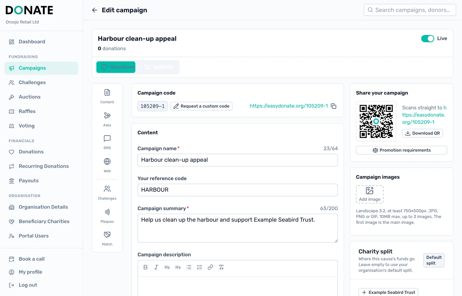 Your campaign is live: The switch reads Live, and the campaign's address and QR code are ready to share.