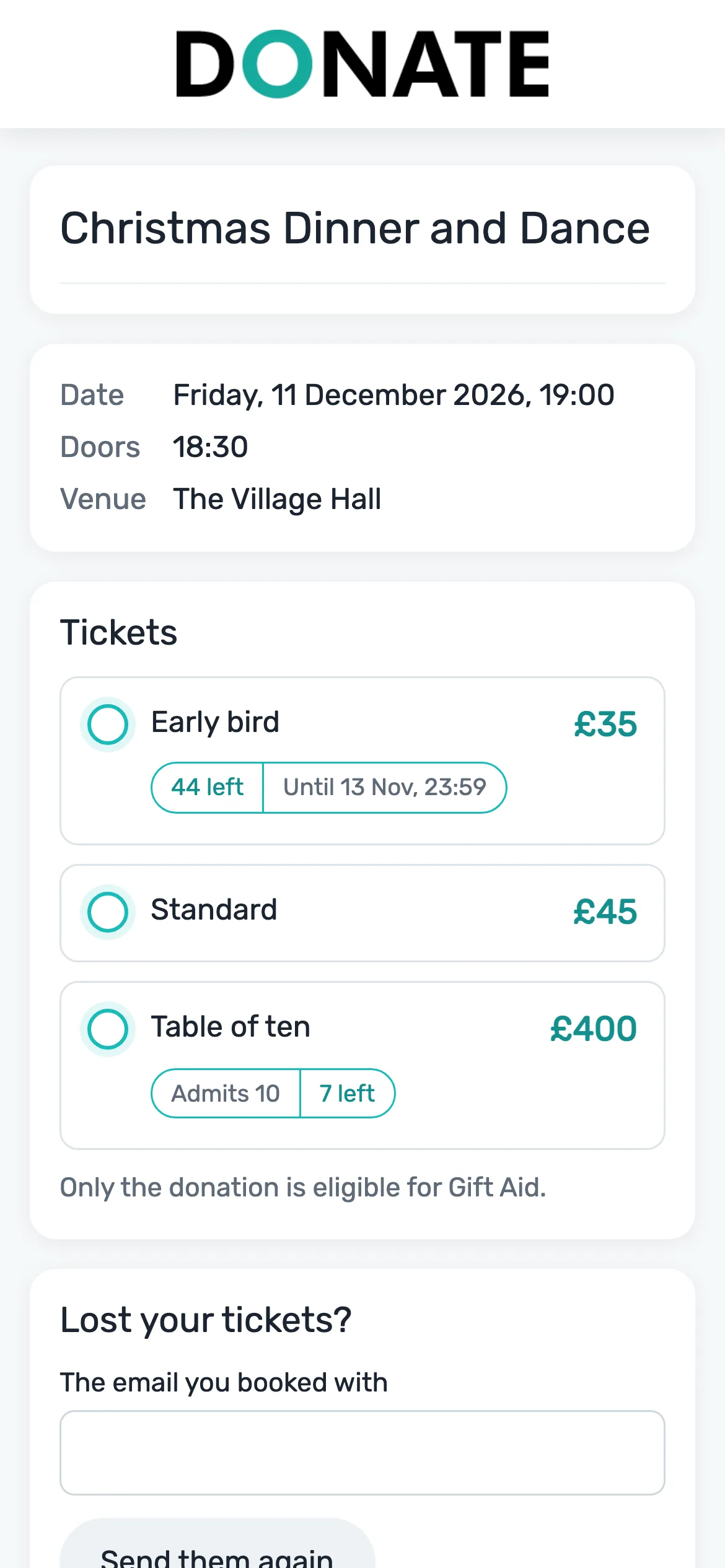 Your ticket page: Date, doors, venue and your tickets, each with its price, and how many are left where there is a limit.
