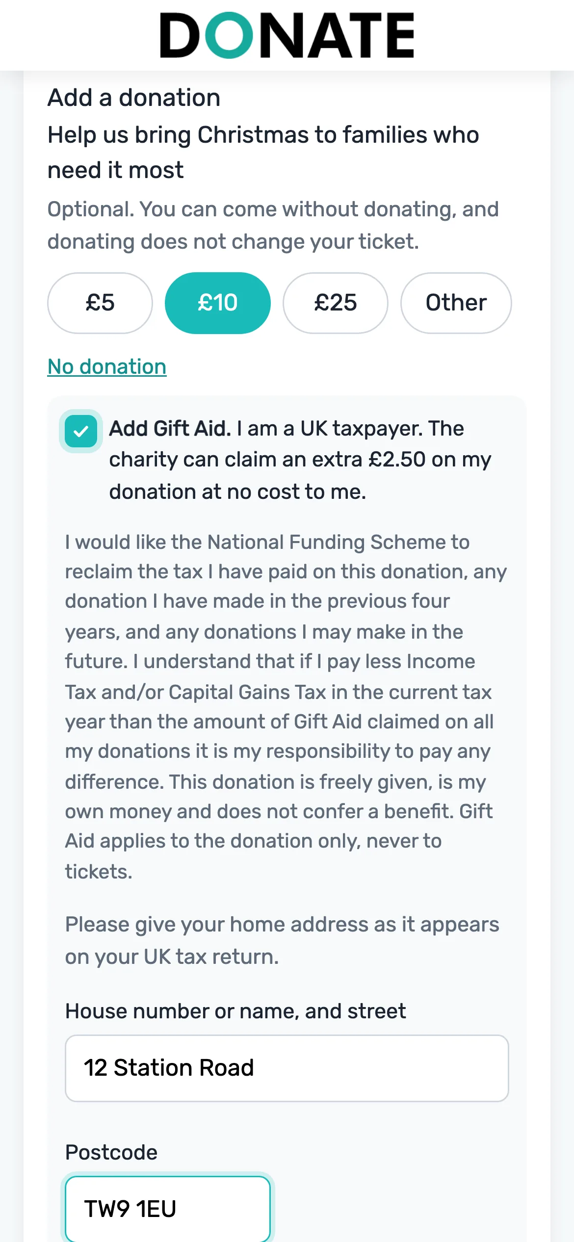 Optional, with Gift Aid: The buyer can add a donation and Gift Aid it. The page says they can come without giving.